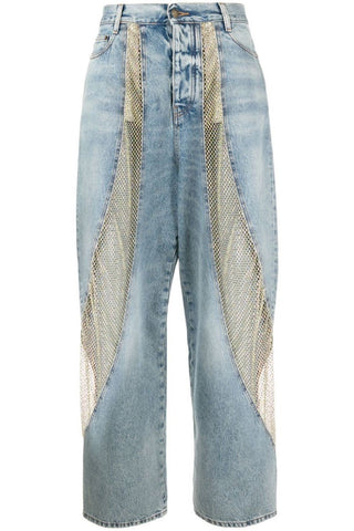 Adelia Blauwe Kristallen Mesh Patchwork Jeans - Bottoms - Bayu