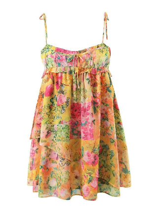 BOHO Ruched Bra Corset Bloemenprint Spaghetti Strap Mini Jurk - Bayu