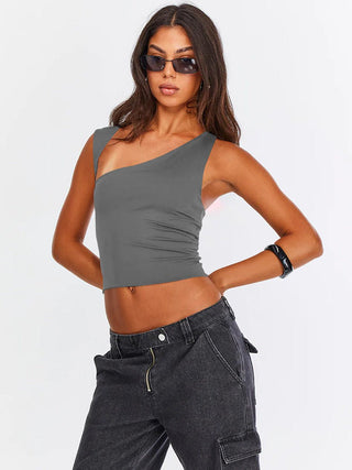 Grijze Sexy One Shoulder Crop Top - Bayu