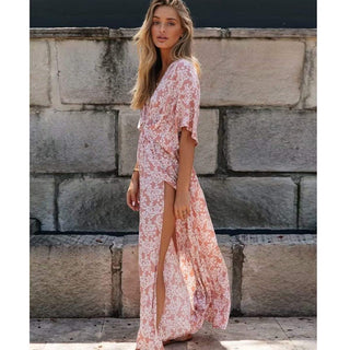 Lange Boho Jurk met Bloemenprint in Donkerroze - Ibiza jurken - Bayu