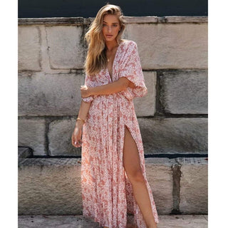 Lange Boho Jurk met Bloemenprint in Donkerroze - Ibiza jurken - Bayu